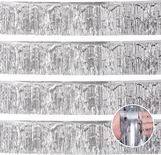 Silver Birthday Decorations Tinsel Garland Parade Float Decorations for Trailer 4Pack 12FT Disco Party Decor Ceiling Fringe Banner Backdrop for Christmas Streamers Party Decorations