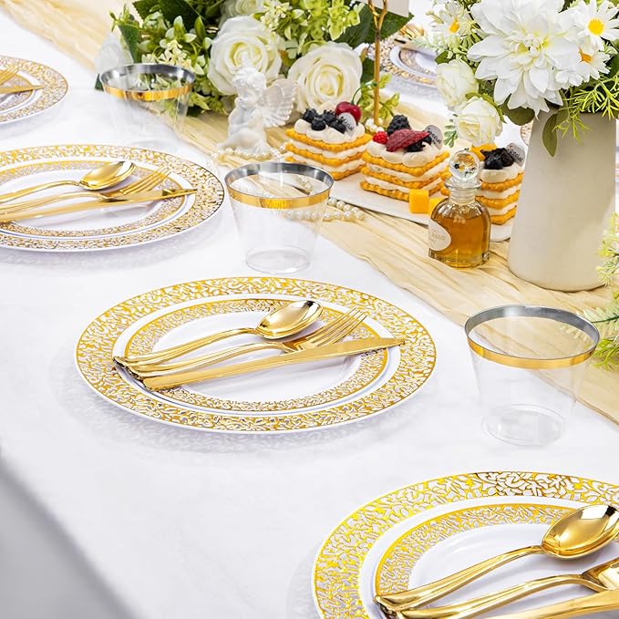 WELLIFE 210Pcs Gold Plastic Dinnerware - Disposable Silverware and Cups, Include:30 Dinner Plates, 30 Dessert Plates, 30 Paper Napkins, 30 Cups, 30 Gold Plastic Cutlery Set for Party, Wedding