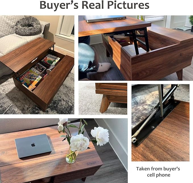HAIOOU Lift Top Coffee Table, Mid Century Modern Coffee Table with Storage for Living Room, Walnut Coffee Tables with Sliding Fence Door, 35.4'' Rectangular Fluted Center Table (Brown)