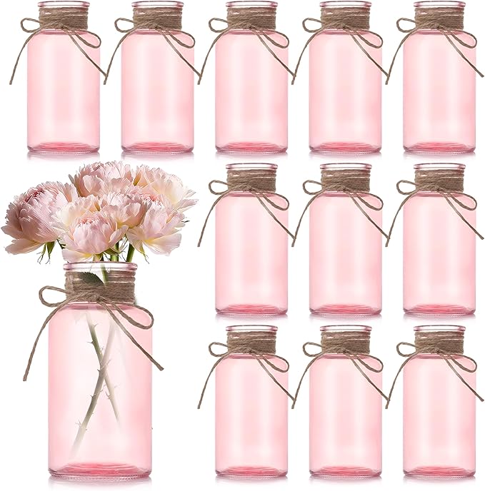 Pink Glass Flower Vases for Centerpieces Set of 12, Mason Jars Boho Cylinder Bud Vases in Bulk, for Weddings Parties Vintage Home Decor
