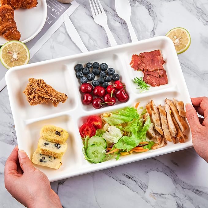 ECOLipak 100% Compostable 5 Compartment Plates, 100 Pack Disposable Compartment Paper Plates, 12.5 * 8.6 inch Biodegradable Sugarcane Plates, Eco-Friendly School Lunch Trays