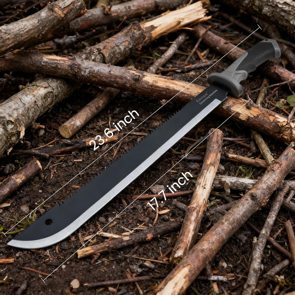 Machete for Bushcraft, 24 inch Survival Knife with Saw for Yard Work, Gardening Heavy Duty Machete with No-Slip Handle and Sheath for Hunting, Outdoor Tree Cutting Esvopa