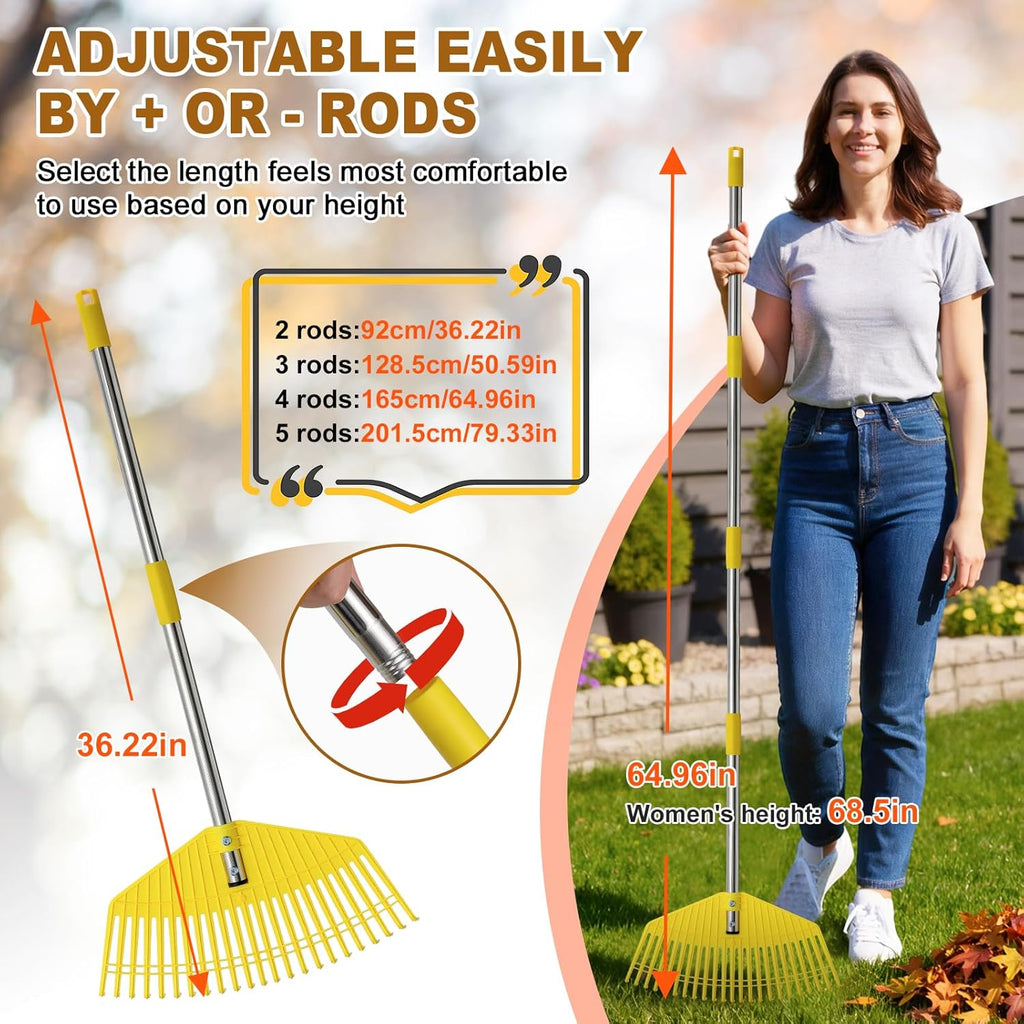 Garden Rake for Leaves - Extra Wide 18" Leaf Rake,Lightweight Long Handle for Women Seniors Kids Effortless Clean-Up,23 Non-Clog Flexible Tines for Lawn-Friendly,65” Adjustable Plastic Rakes for Yard
