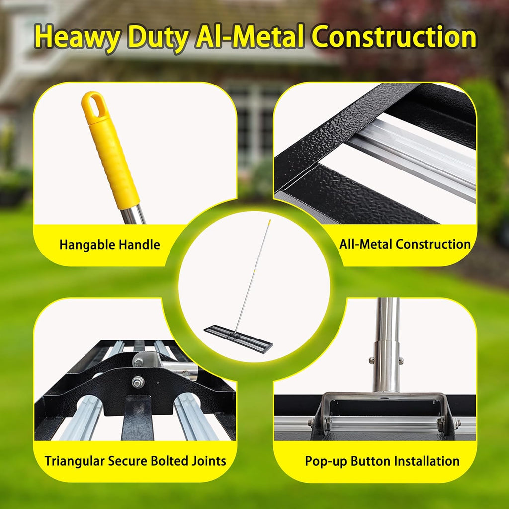 48"x10"Lawn Leveling Rake with Aluminum Rollers, Stainless Steel Yard Lawn Leveler Tool with Adjustable Long Handle, Yard Leveling Rake Suit, Levelawn Tool for Soil, Grass, Golf Course, Garden, Farm