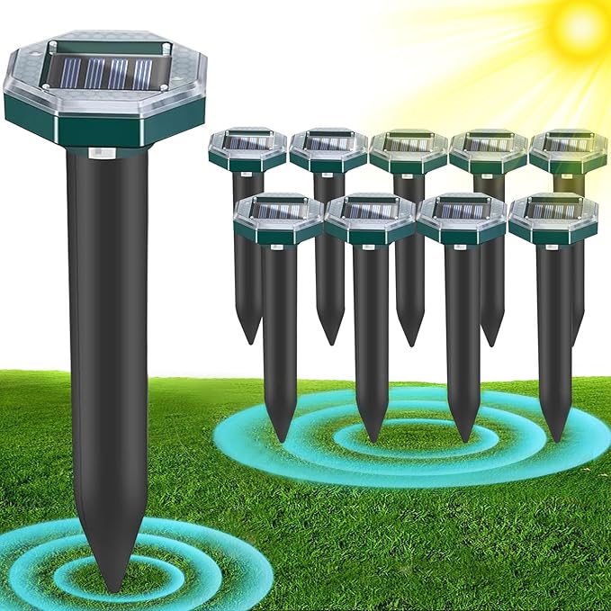 10 Pack Mole Repellent Solar Powered Snake Repellent for Yard- Ultrasonic Pest Repeller Gopher Rodent Rat Mouse Groundhog Skunk Chipmunk Vole Remover for Lawns Garden Yard Outside(10)