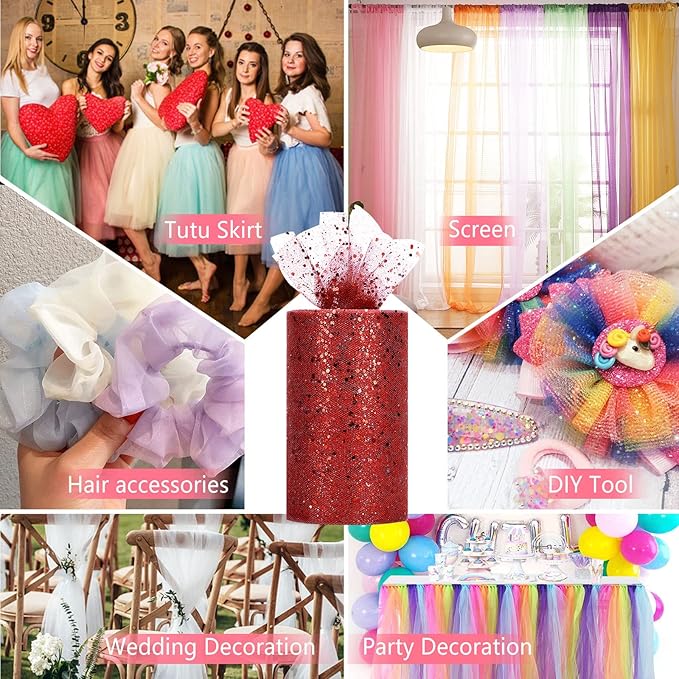 Glitter Tulle Rolls, 6” by 50 Yards (150FT) Sparkling Tulle Spool Ribbon Sequin Tulle Netting Fabric for Tutu Skirt Wedding Birthday Baby Shower (Burgundy)