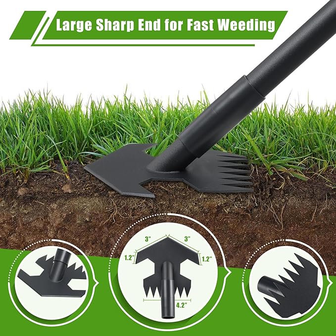 Garden Hoe,2 in 1 Heavy Duty Scuffle Weeding Hoe Garden Tool with Shaped Edge, 45 inch Long Handle, Hand Weeding Rake Action Hoe for Weeding Gardening Grass Weed Moss Removal