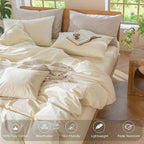 MooMee Bedding Duvet Cover Set 100% Washed Cotton Linen Like Textured Breathable Durable Soft Comfy (Solid Cream White, Super Queen 90"x98")