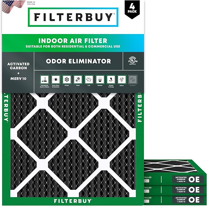 Filterbuy 20x21.5x1 Air Filter MERV 10 Odor & Allergy Defense with Activated Carbon (4-Pack), Electrostatic Pleated HVAC AC Furnace Filters Replacement, Made in USA (Actual Size: 19.88 x 21.50 x 0.75)