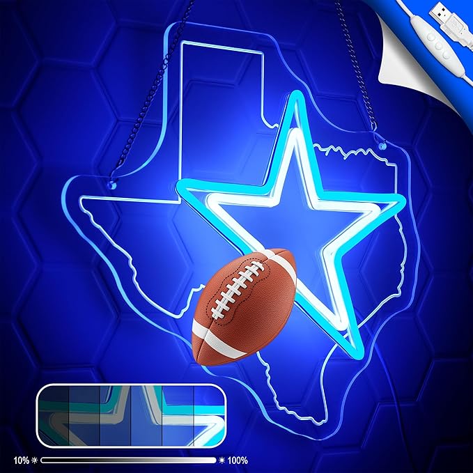 Cowboy Football Neon Sign Texas Neon Sign for Wall Decor - Neon Star Acrylic USB Powered LED Wall Art Decor, Light Up Sign Dimmable, for Man Cave Bedroom Bar Club Party Game Room 14.02 x 13.35 Inches
