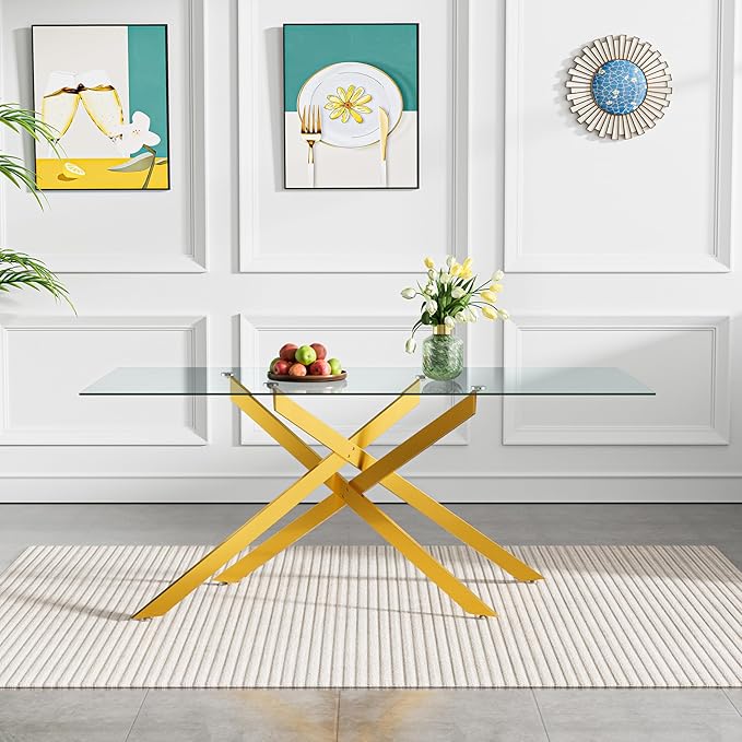 60" Rectangular Glass Dining Table Modern Kitchen Glass Top Table for 6 with Gold Metal Legs, Clear Dining Table Kitchen Table for Home Office Dining Room