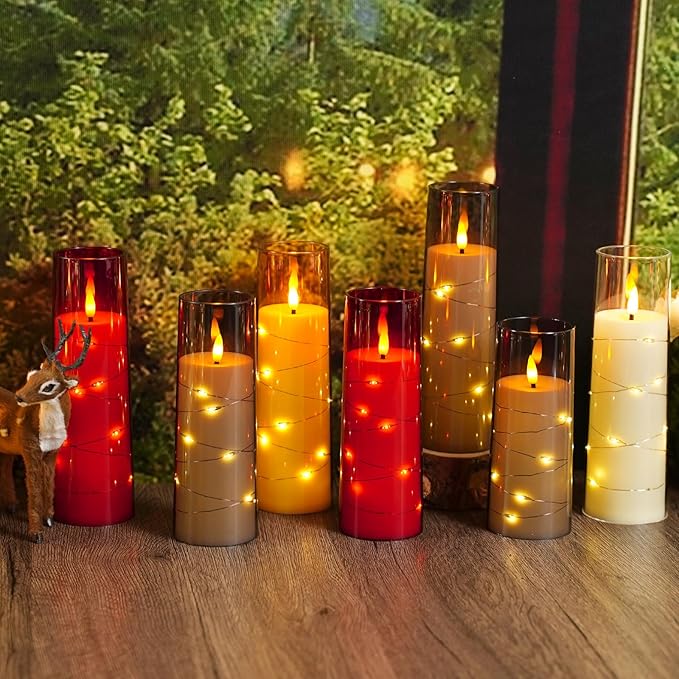 Flameless Candles with Embedded Star String - Battery Operated LED Candles, with Remote,12 Gold Flickering Candles for Christmas, Weddings, Home Decor & Party,(D 2.3"×H 5" 6" 7")