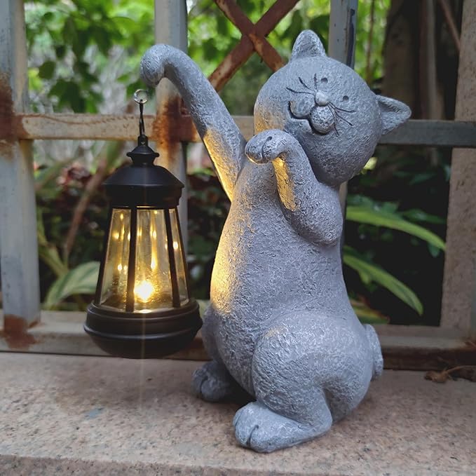 Cat Solar Garden Statues,Resin Cat Figurine Decorations with Solar Lights Lantern, Outdoor，Statue Decor Art for Lawn,Yard,Unique Housewarming Gift for Garden Home