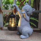 Cat Solar Garden Statues,Resin Cat Figurine Decorations with Solar Lights Lantern, Outdoor，Statue Decor Art for Lawn,Yard,Unique Housewarming Gift for Garden Home