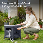 Garden Hose Reel Hideaway, Heavy Duty Metal Hose Reel Box Holds 125FT x 5/8" Hose, Steel Hose Storage Box with Manual Crank, Hose Guide and Leak-Proof Aluminum Connections, Stable 4-Leg Base