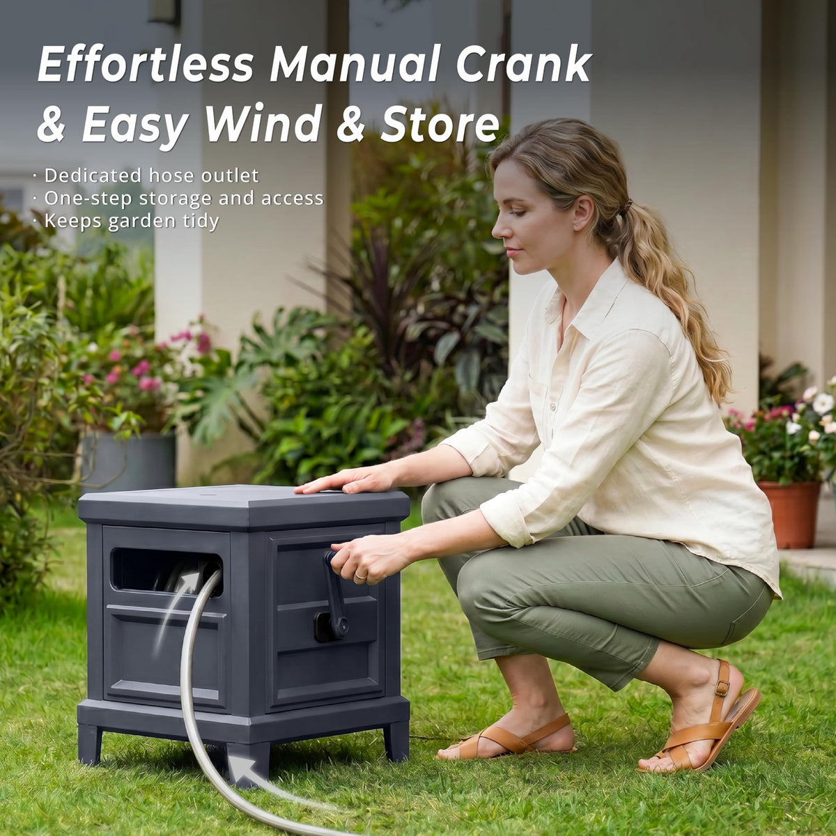 Garden Hose Reel Hideaway, Heavy Duty Metal Hose Reel Box Holds 125FT x 5/8" Hose, Steel Hose Storage Box with Manual Crank, Hose Guide and Leak-Proof Aluminum Connections, Stable 4-Leg Base