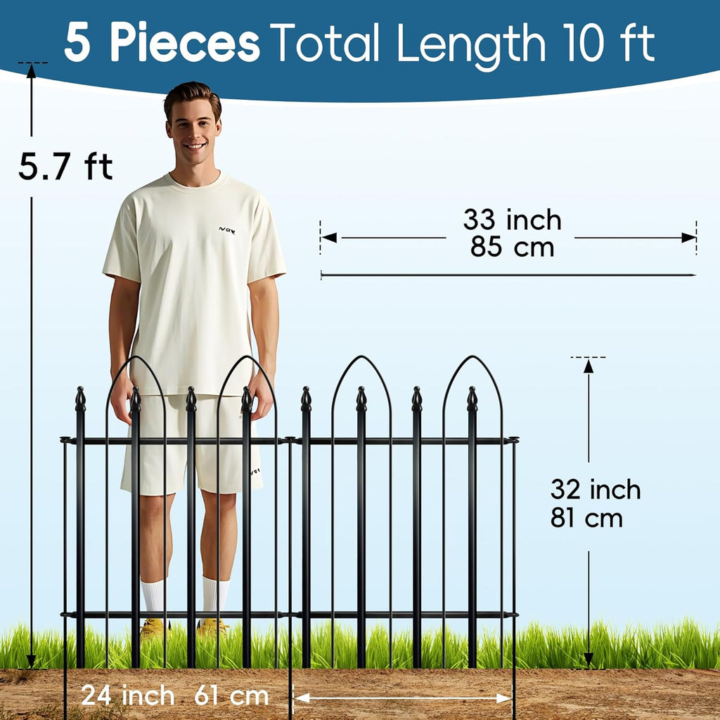 Garden Fence 32 inch H x 24 inch W, 5 Panels (4 Panels+1 Gate,Total 10 feet) Metal Decorative Border Folding Fence, Landscape Fencing for Dog Flower Bed, Yard, Animal Barrier
