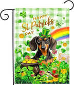 Dachshund St Patricks Day Garden Flag Dog St Patrick's Day Yard Flags for Outside 12x18 Double Sided Buffalo Plaid Shamrock Flag Small Outdoor Rainbow St Patrick's Decor