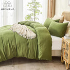 MEISHANG Muslin Duvet Cover Queen Size - 100% Organic Cotton, Soft Textured Gauze Weave Comforter Cover for Breathable All-Season with Zipper Closure - 3 Piece Set (Queen, Forest Green)