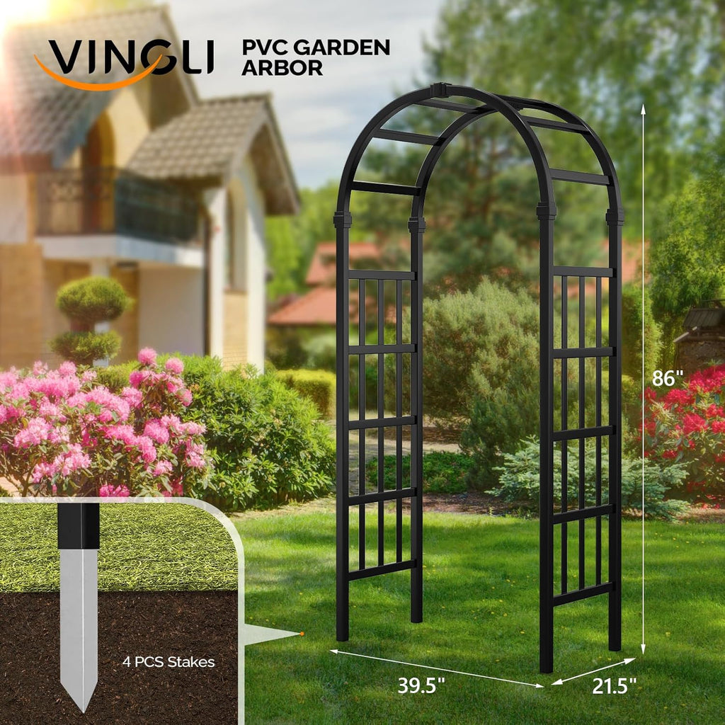 VINGLI Vinyl Garden Arbor, PVC Wedding Arch for Ceremony Party, Garden Trellis for Climbing Plants Outdoor, Arch Backdrop Stand for Garden, Backyard, Lawn (Black)
