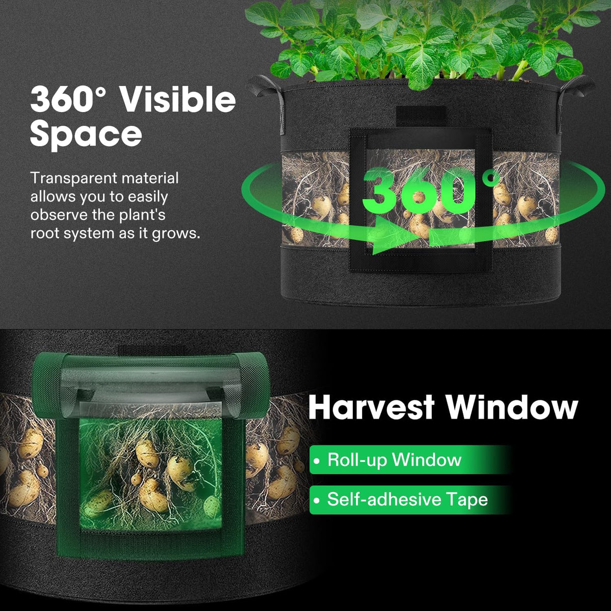VIVOSUN 5-Pack 10 Gallon Potato Grow Bags, Thick Fabric Pots with 360 Visibility & Harvest Window, Black