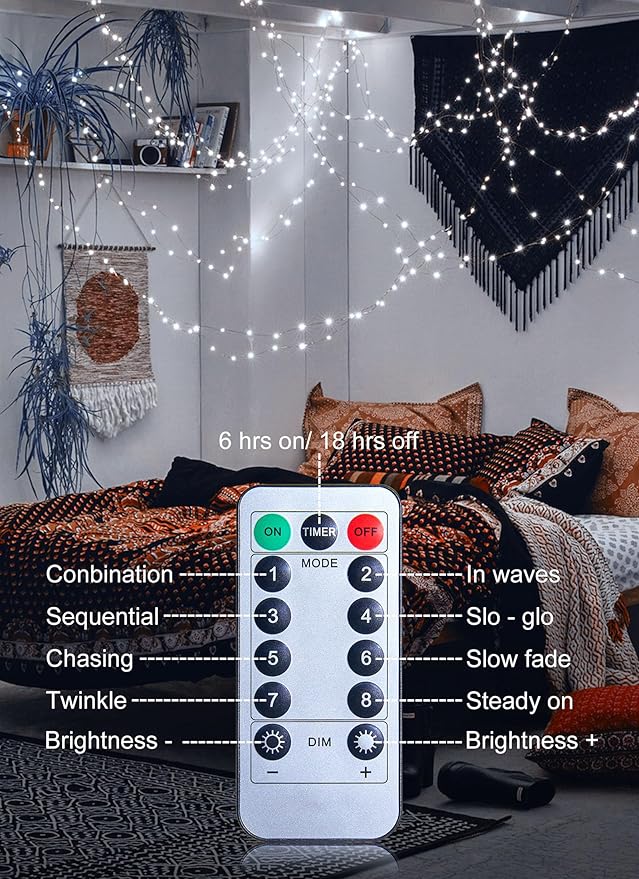 66Ft 200 LED Outdoor String Lights, Pure White Fairy Lights Battery Operated with Remote, Waterproof Twinkle Lights for Bedroom Dorm Patio Tapestry Backyard Garden Party Indoor Christmas Decoration