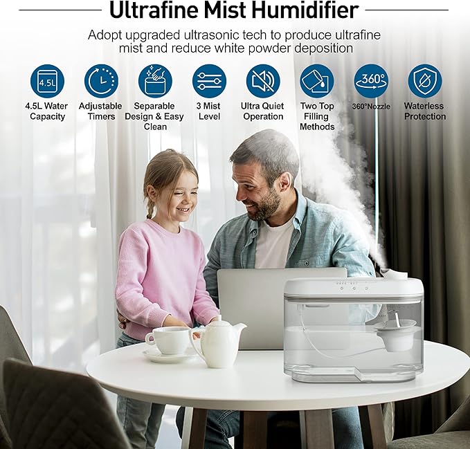 Top Fill Humidifiers for Bedroom Large Room, Super Easy Clean Humidifier with Only 3 Washable Parts to Clean, 1.3Gal 4.5L Ultrasonic Cool Mist Humidifier, Filter-free, 25dB Ultra-quiet for Baby