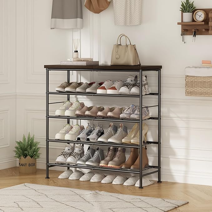 Shoe Rack Organizer 5 Tier for Closet Entryway Free Standing Metal Storage Shoe Shelf with MDF Top Board，Black+Rustic Brown