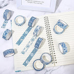 Whaline 12 Rolls Blue Floral Washi Tape Chinoiserie Flower Washi Tape Vintage Masking Decorative Gift Wrapping Paper Tape for DIY Craft Scrapbook Envelope Party Favor Supplies