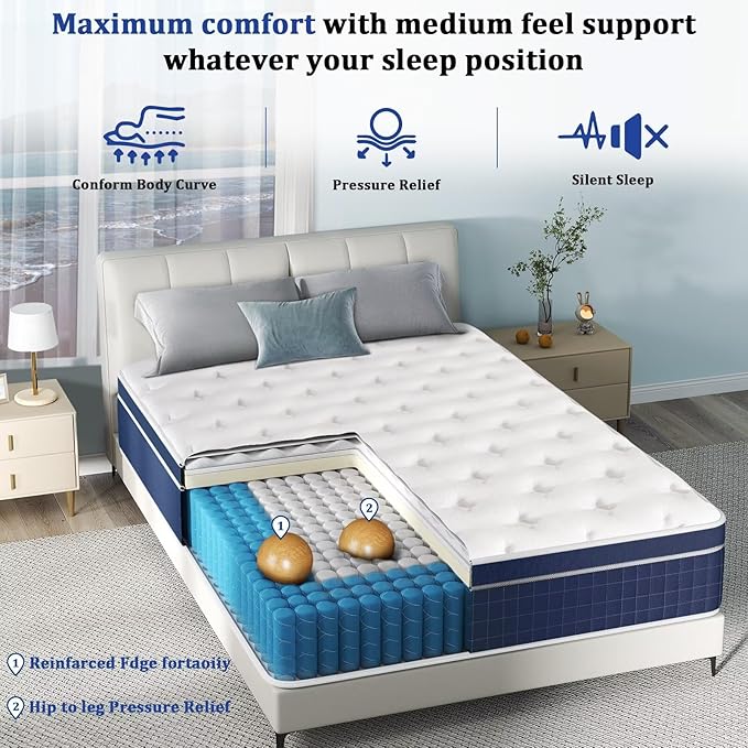 inight Twin Size Mattress 12 Inch, Hybrid Gel Memory Foam Twin Mattress in a Box for Comfort Sleep, Individual Pocket Coils Medium Firm Mattress for Motion Isolation Back Support, 180 Night Trial