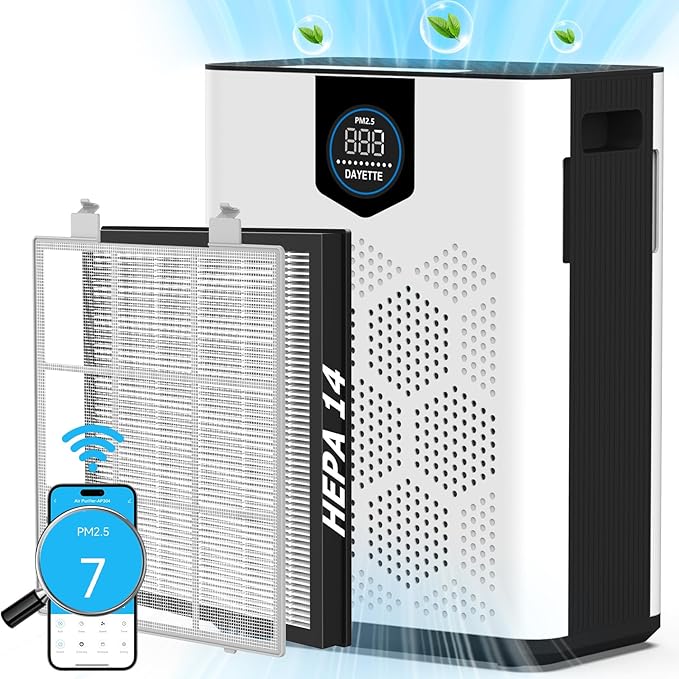 Smart Wifi Air Purifiers for Home Large Room Up to 3000 Ft², DAYETTE Air Cleaner with Washable Filters, Air Quality Monitor, 4 Fan & 22 dB Sleep Mode for Bedroom Living Room