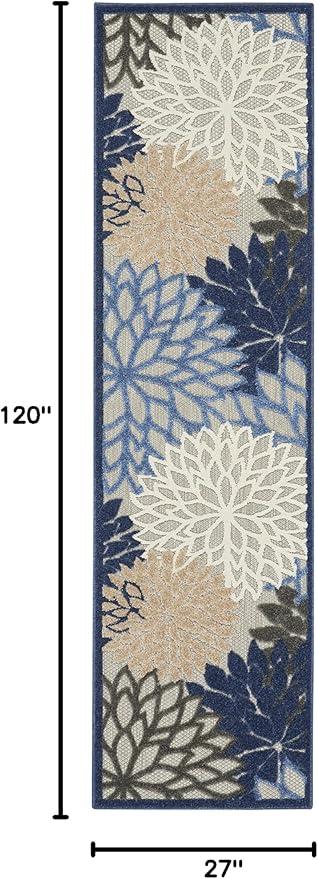 Nourison Aloha Indoor/Outdoor Blue/Multicolor 2'3" x 10' Area Rug, Tropical, Botanical, Easy Cleaning, Non Shedding, Bed Room, Living Room, Dining Room, Deck, Backyard, Patio (2x10)