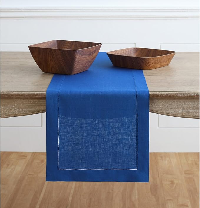 Solino Home Linen Royal Blue Table Runner 36 Inches - Classic Hemstitch, 100% Pure Linen Coffee Table Runner 14 x 36 Inch Ideal for Dresser Tables