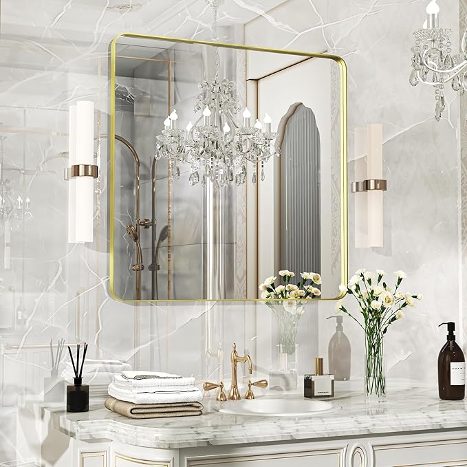 32×32 Glod Bathroom Mirror, Rectangular Bathroom Vanity Mirror for Wall with Rounded Corners & Aluminum Alloy Frame, Tempered-Glass, Modern, Farmhouse, Horizontal/Vertical, Entryway, Bedroom