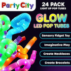 Party City 24pk LED Light Up Pop Tubes 25”- 3 Mode Stretchy Tubes LED Light Up Toys Bulk Glow Sticks Party Favors for Kids Necklaces Bracelets Neon Glow in the Dark Supplies Fidget Sensory Tube Pack