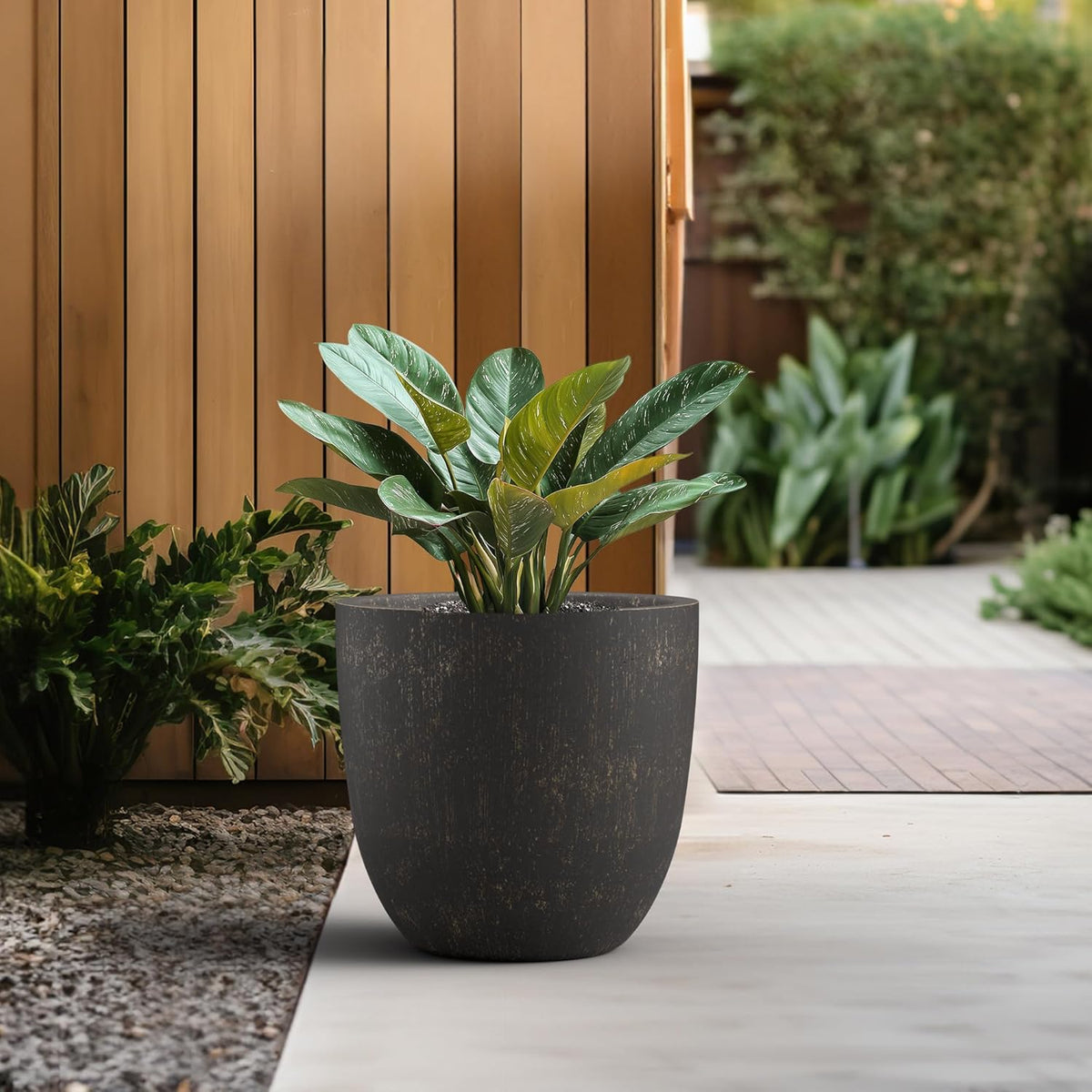 Kante 18 Inch Dia Round Concrete Planter, Indoor Outdoor Large Plant Pot with Drainage Hole and Rubber Plug for Home Patio Garden, Oil Rubbed Bronze