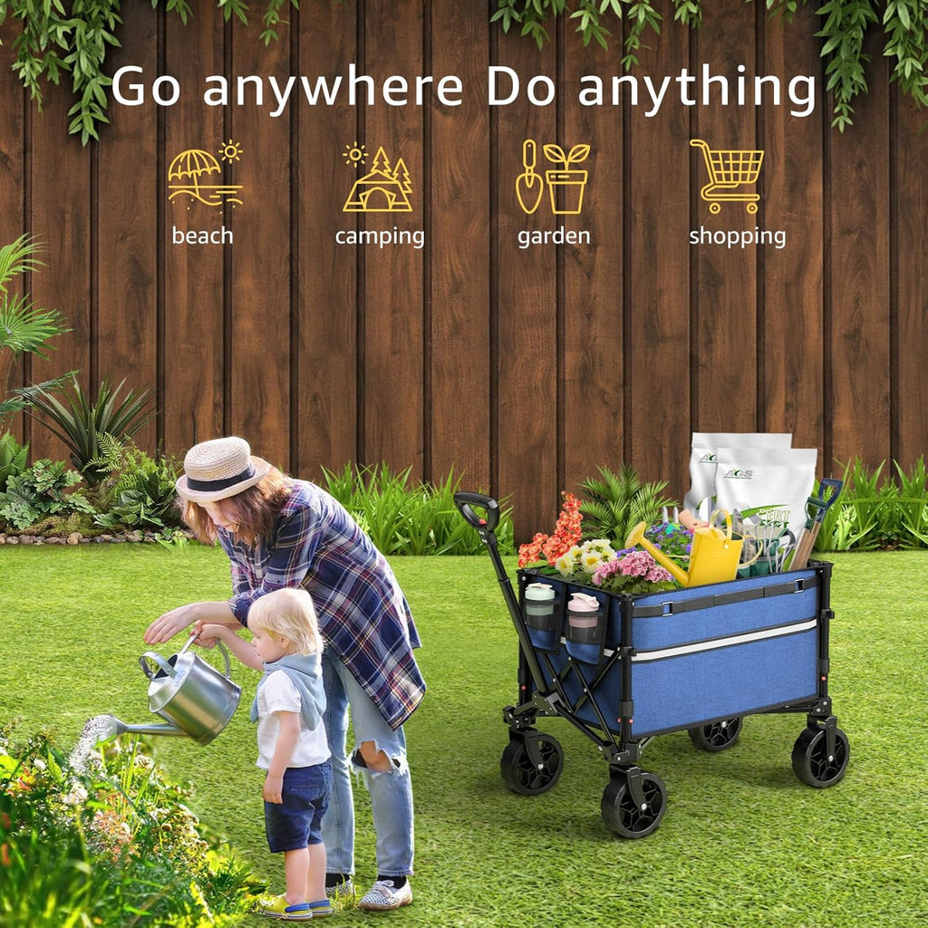 Collapsible Wagon Cart with Wheels Foldable - Folding Utility Heavy Duty Wagons Carts for Grocery Sports Garden Shopping Camping Wheelbarrows (Navy Blue, 120L)