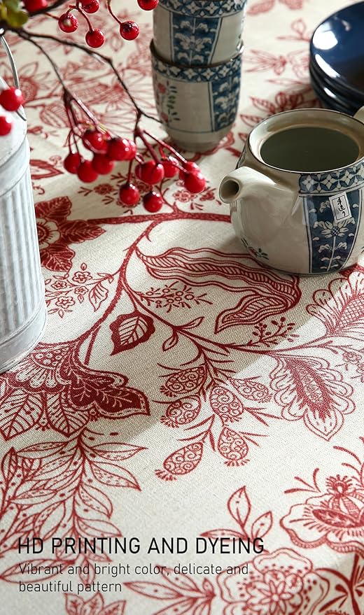 ISAENNE Designer French Linen Round Tablecloth,Red Floral Washable Indoor Table Cloth,Durable Home Decor Tablecloths for Dining Thanksgiving Kitchen Party Christmas,Diameter 67"-Ruyi A