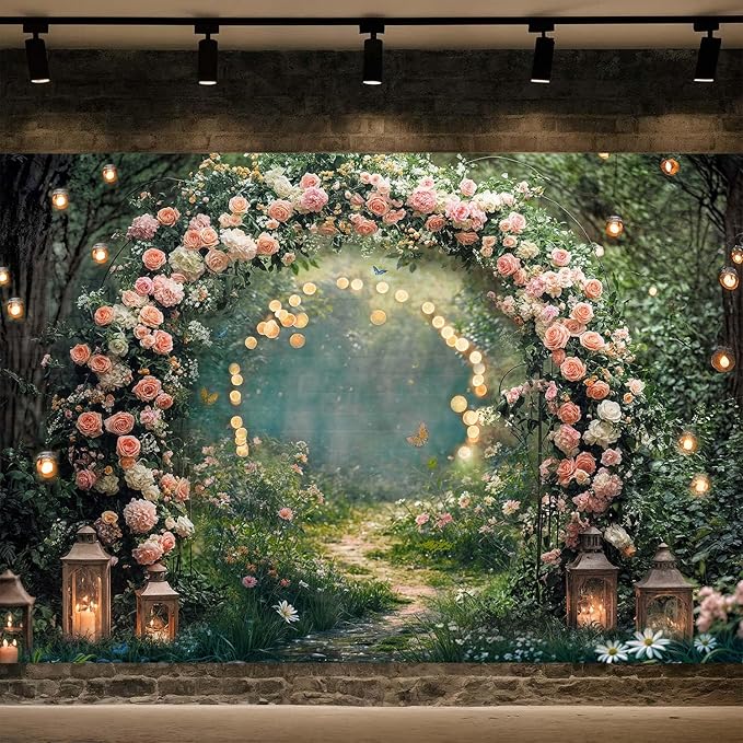 7x5ft Enchanted Forest Wedding Photography Backdrop Wonderland Roses Fairy Tale Backdrop Pink Flower Birthday Newborn Baby Shower Wedding Bridal Party Banner Photo Booth Props Anniversary Background