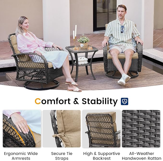 UDPATIO 3 Pieces Patio Furniture Set, Outdoor Swivel Rocker Patio Chairs Set of 2, All-Weather PE Wicker Glider Chairs with Thick Cushions and Glass Coffee Table，for Porch Deck Backyard Khaki
