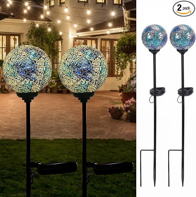 VCUTEKA Mosaic Solar Light, Solar Garden Decorative Lights Outdoor Waterproof LED Pathway Stake Light for Landscape Patio Yard Deck Walkway Decoration, 2 Pack