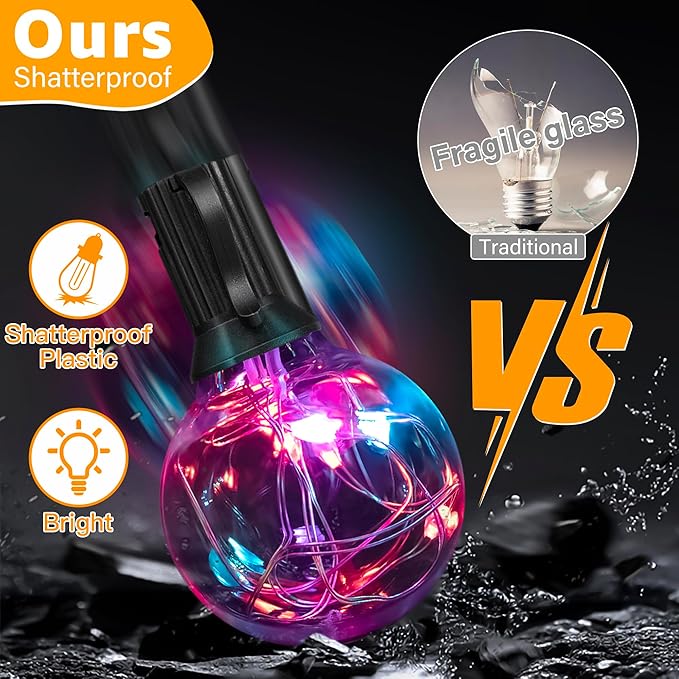 Ollny Outdoor Lights 30FT 30Bulbs, RGBW Color Changing String Light, Plug in Remote Waterproof Shatterproof Timers G40 Patio Lights for Outside Balcony Porch Camping Deck Yard