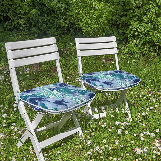 SleepMan Outdoor 17"x16" Chair Cushions with Ties Set of 4, Water Resistant All Weather U-Shape Seat Pads for Patio Garden Furniture Indoor (Set of 4, Blue Flowers)