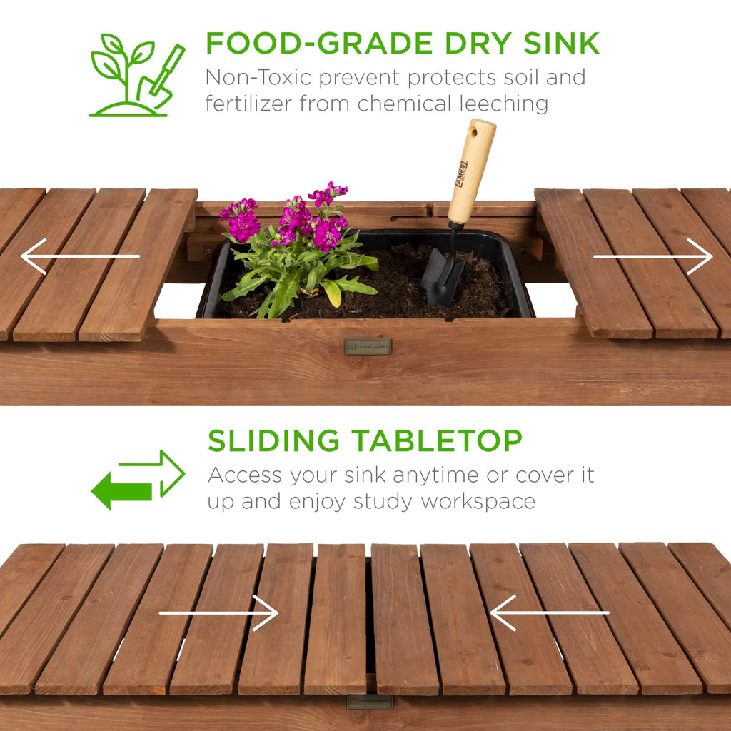 Best Choice Products Mobile Garden Potting Bench, Outdoor Wood Workstation Table w/Sliding Tabletop, 4 Locking Wheels, Food Grade Dry Sink, Storage Shelves - Brown
