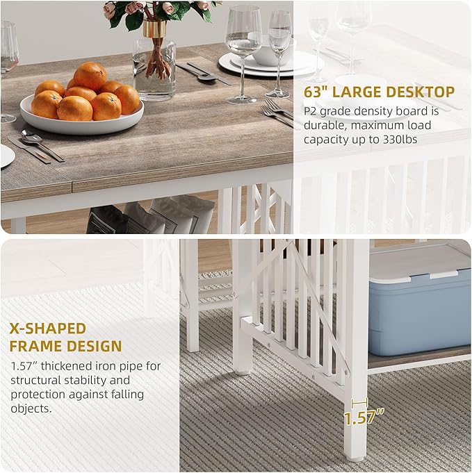 DWVO 3-Piece Dining Table Set for 4-6 People, 63" Dining Room Table with 2 Benches, Industrial Rectangular Dining Room Table Set with Storage for Kitchen, Dining Room, Washed Grey