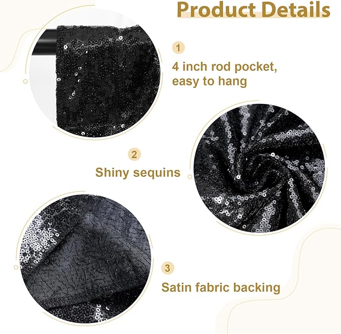 SquarePie Sequin Backdrop Curtain 8FT x 10FT Black Satin Backing Fabric Photography Background for Wedding Patry 4FT x 10FT 2 Panels