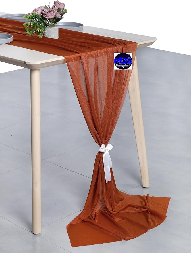 MDS 2 Pack 14ft Chiffon Table Runner 29 x 170 Inches Sheer Wedding Runner Romantic Rustic Table Runner for Wedding Decorations, Birthday Parties, Bridal Shower Party Arch Decor - Terracotta