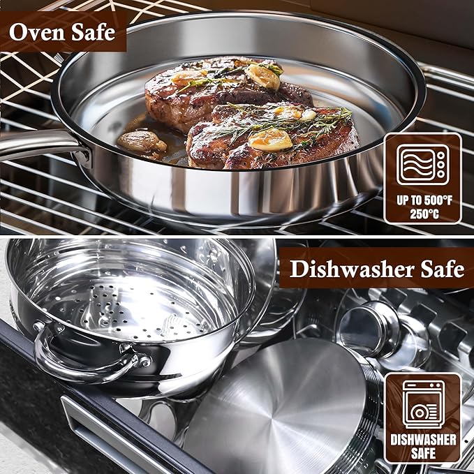 15-Piece Stainless Steel Cookware Set, Non-Toxic Pots and Pans Set with Glass Lids, Kitchen Induction Cookware with Steamer, Utensils Set & Fry Basket, Dishwasher & Oven Safe, Silver