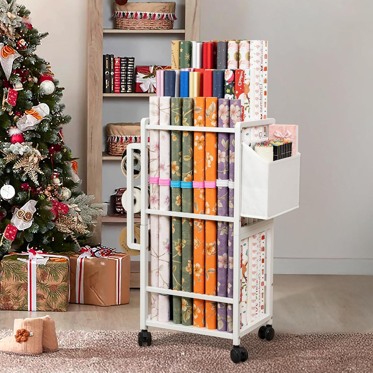 Aquzee Gift Wrapping Paper Organizer Storage, Rolling Gift Wrap Storage Stand, Vertical Wrapping Paper Storage Cart, Ribbon Organizers, 12 PCS Slap Bracelets, Adjustable Rod Design, White