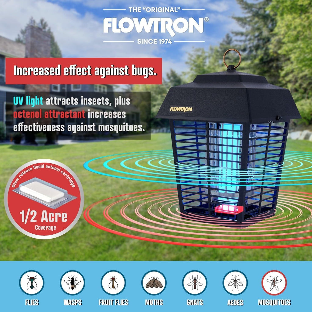 Flowtron Electric Bug Zapper 1/2 Acre Outdoor Insect Control with Dual Lure Method, 15W UV Light & Octenol Attractant for Fly & Mosquito, 5600V Kill Grid, Made in USA, UL Certified